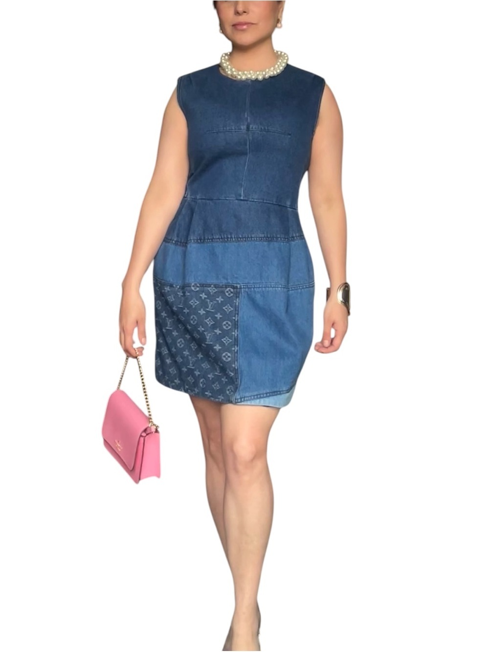 Denim Monogram  Dress Sleeveless A-Line Structured Mini Size Small - Picture 3 of 16